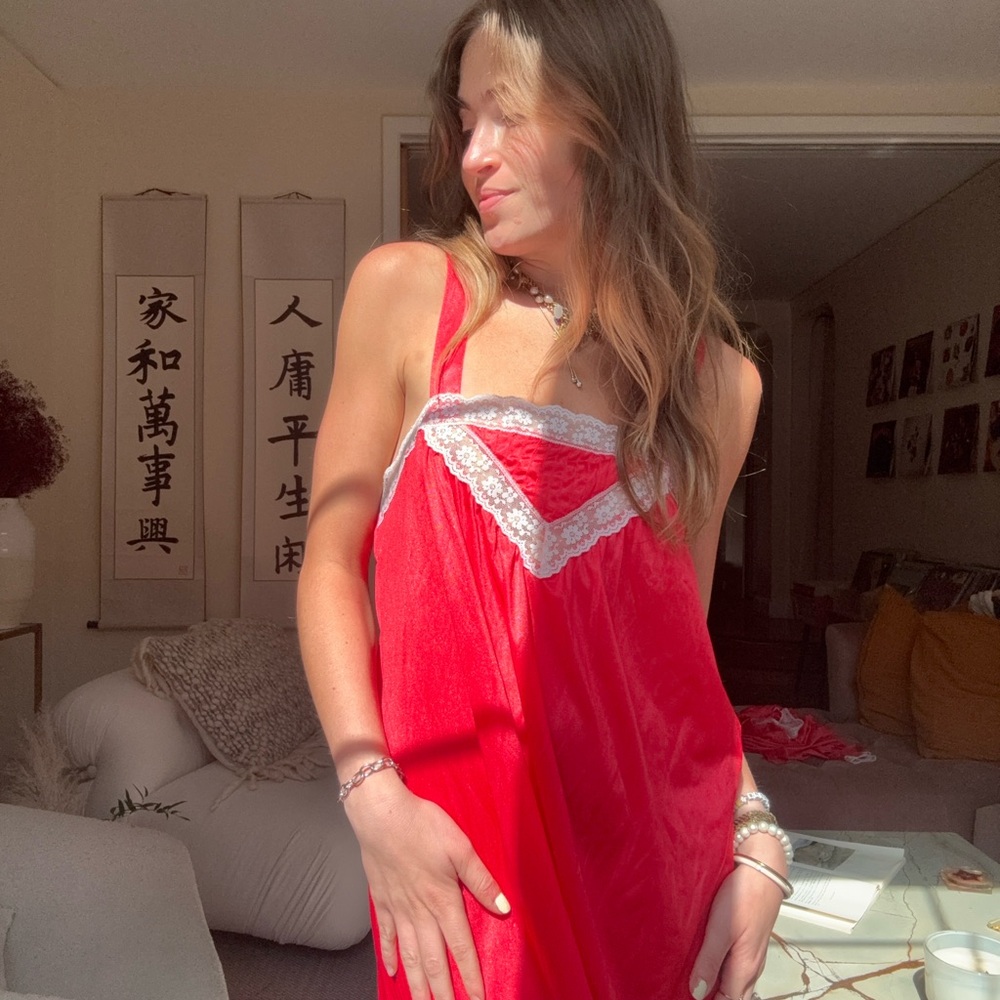 Vintage Red Maxi Dress with White Lace